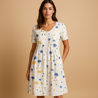 Printed cotton midi dress for women with breathable fabric and playful summer prints, perfect for vacations, city strolls, and casual wear.