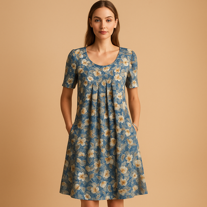 Printed cotton midi dress for women with breathable fabric and playful summer prints, perfect for vacations, city strolls, and casual wear.