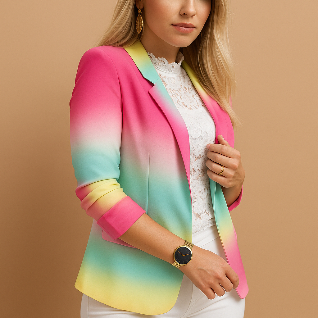 Women’s printed blazer with shawl collar and tailored fit, ideal for work, dinners and casual chic occasions.