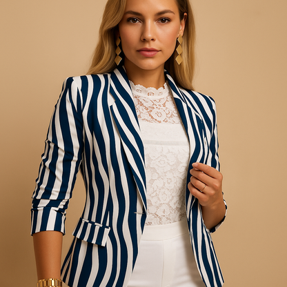 Women’s printed blazer with shawl collar and tailored fit, ideal for work, dinners and casual chic occasions.