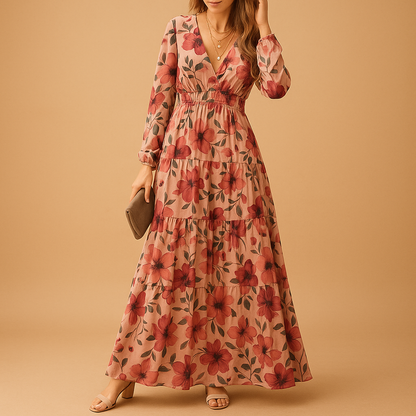 Long floral summer dress for women named Amara, featuring a V-neckline, breathable fabric, and a flowy fit ideal for beach days and warm summer events.