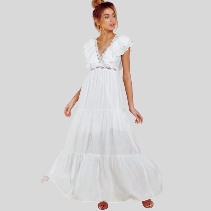 Beautiful Floral Maxi Dress with V Neck Lace Detail - Nocini