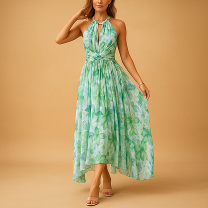 Floral sleeveless maxi dress for women with high waist and O-neck design, perfect for vacations, garden parties, and casual summer days.