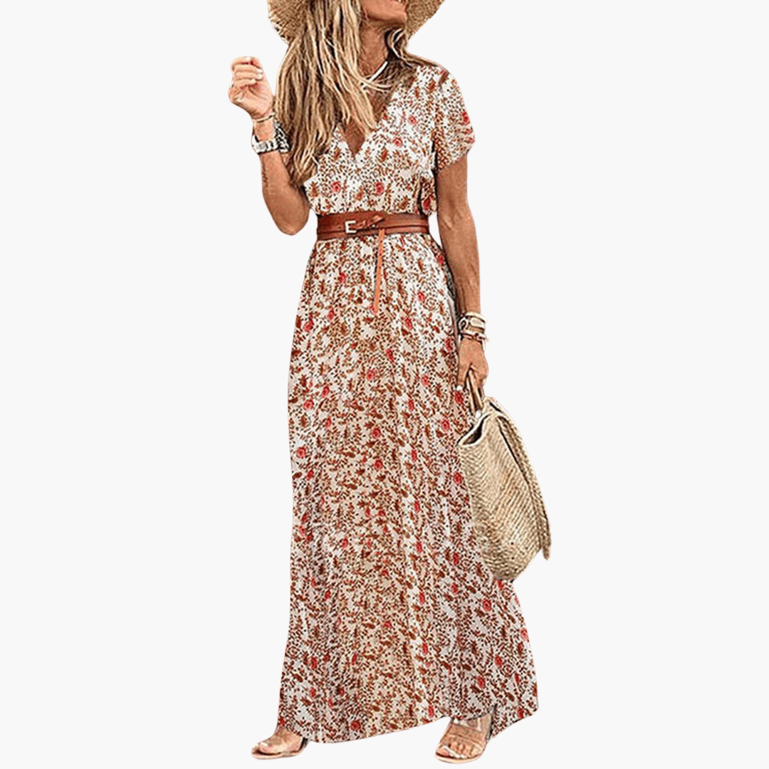 Bohemian Floral Long Dress for Ladies with Waist Belt