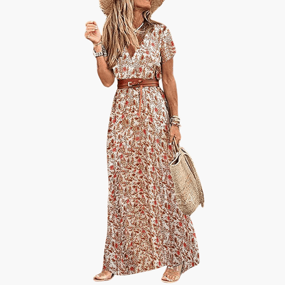 Bohemian Floral Long Dress for Ladies with Waist Belt