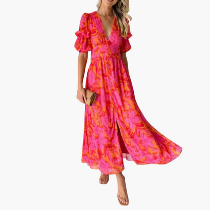 Beautiful Long Dress for Women - V Neck & Puffy Sleeves - Olytrend