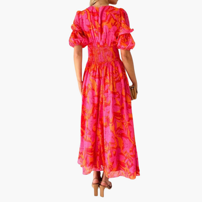 Beautiful Long Dress for Women - V Neck & Puffy Sleeves