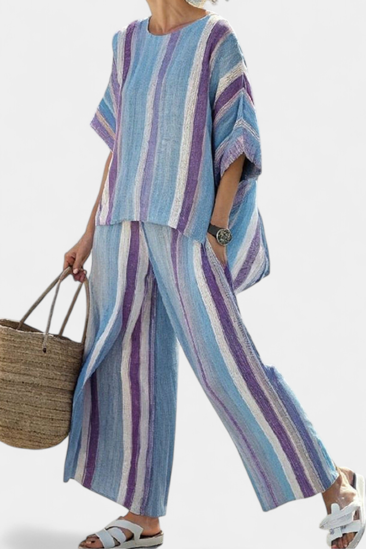 Beautiful Blush Pink Top & Linen Stripe Pants - Olytrend