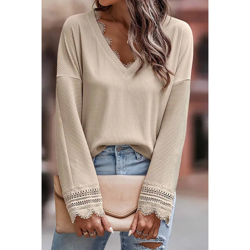 Beautiful Lace Detail Crew Neck Sweater - Olytrend