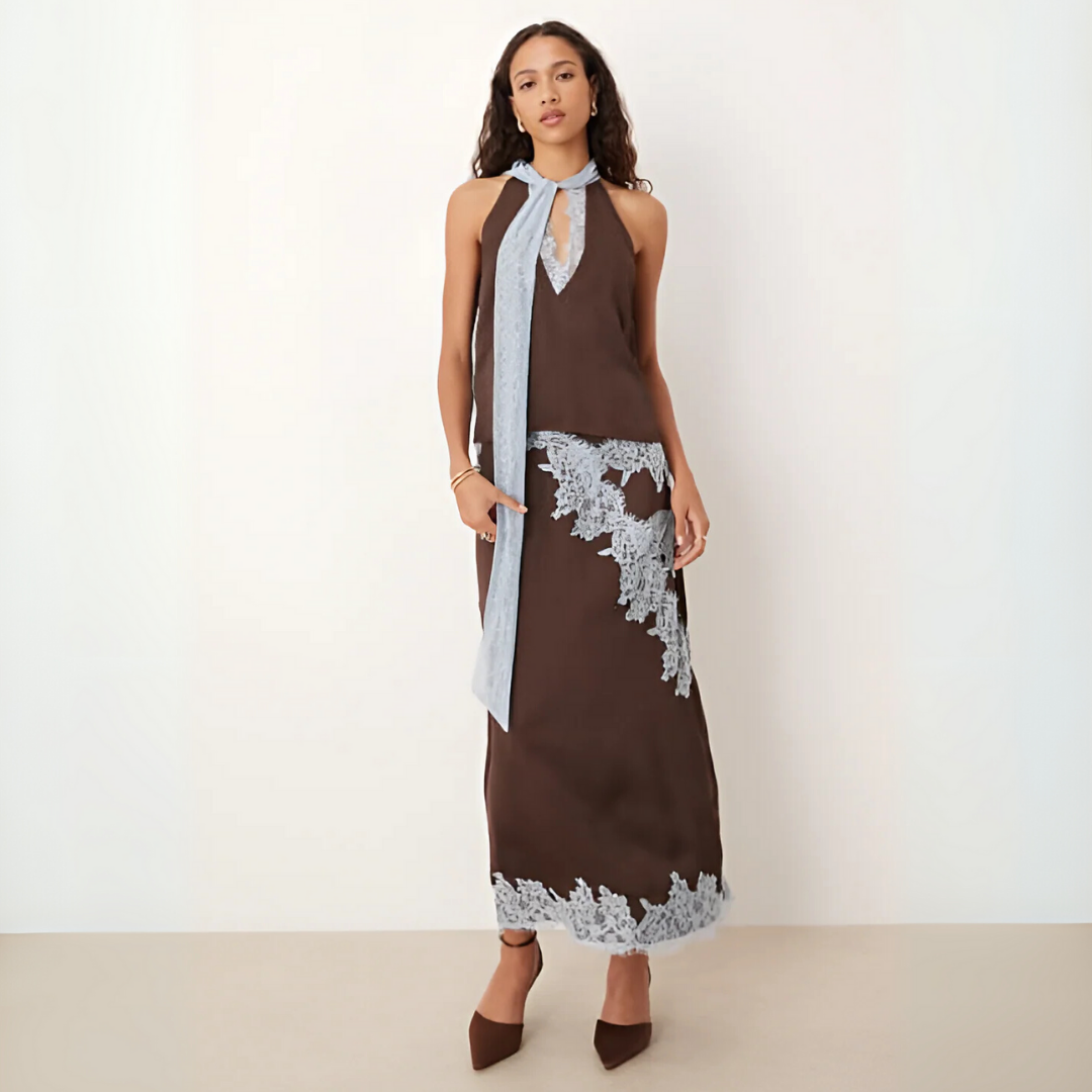 Beautiful Lace Trimmed Top and Skirt Set - Olytrend