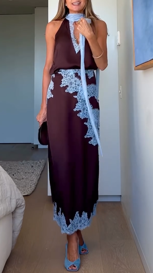 Beautiful Brown Blue Floral Lace Top Skirt Set