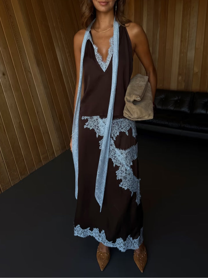 Beautiful Brown Blue Floral Lace Top Skirt Set