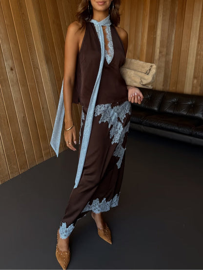 Beautiful Brown Blue Floral Lace Top Skirt Set
