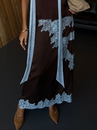 Beautiful Brown Blue Floral Lace Top Skirt Set