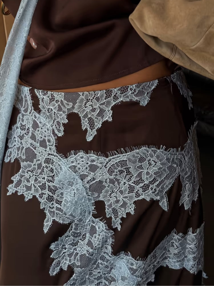 Beautiful Brown Blue Floral Lace Top Skirt Set