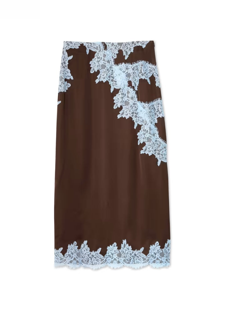 Beautiful Brown Blue Floral Lace Top Skirt Set