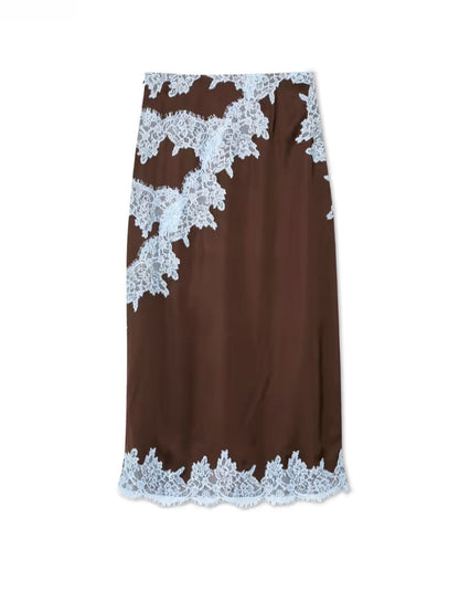 Beautiful Brown Blue Floral Lace Top Skirt Set