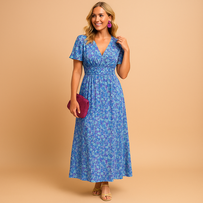 Women’s floral maxi summer dress with V-neckline and flowing silhouette, perfect for casual outings, warm days, and elegant evening occasions.