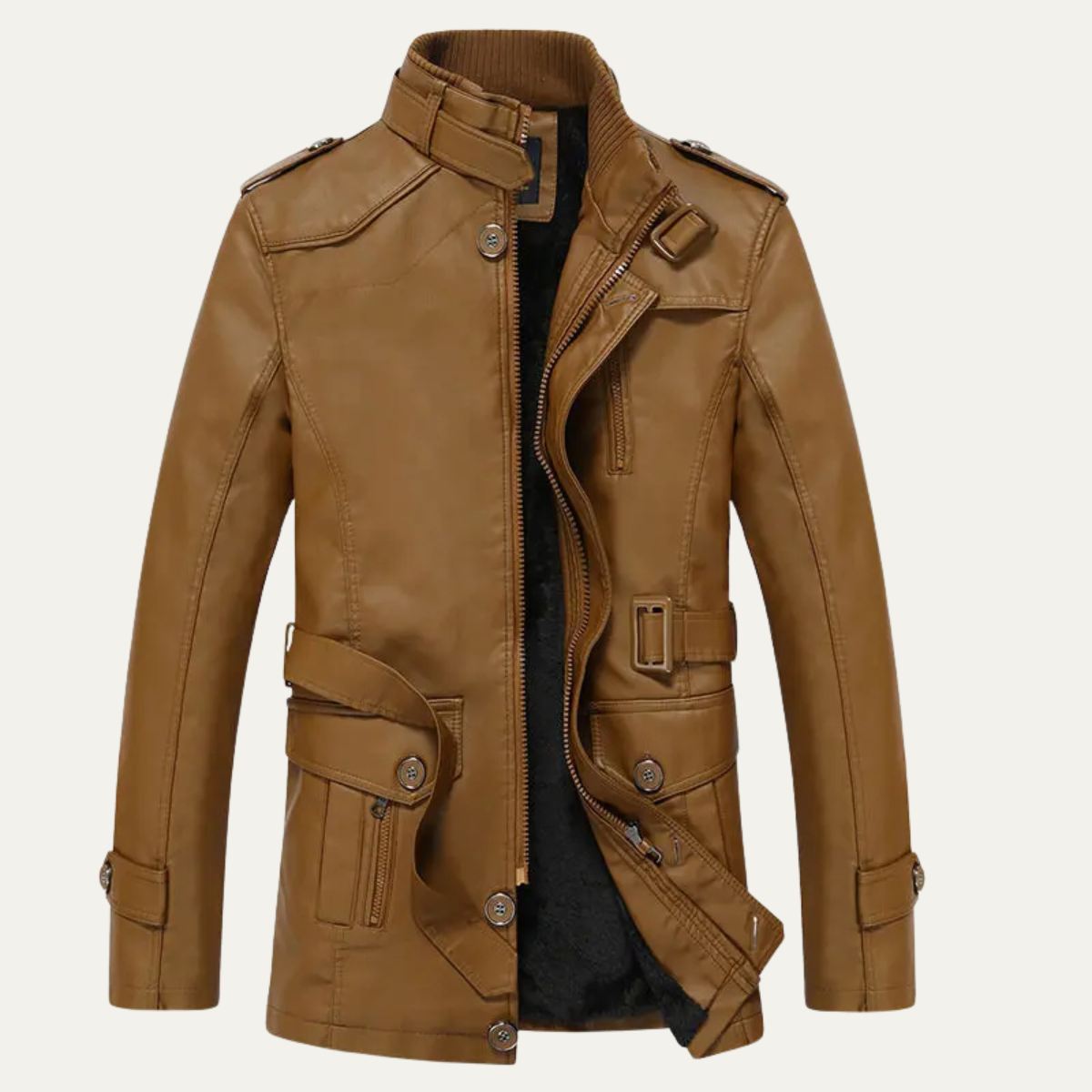 Authentic Mens Brown Leather Biker Jacket with Buckle - Nocini