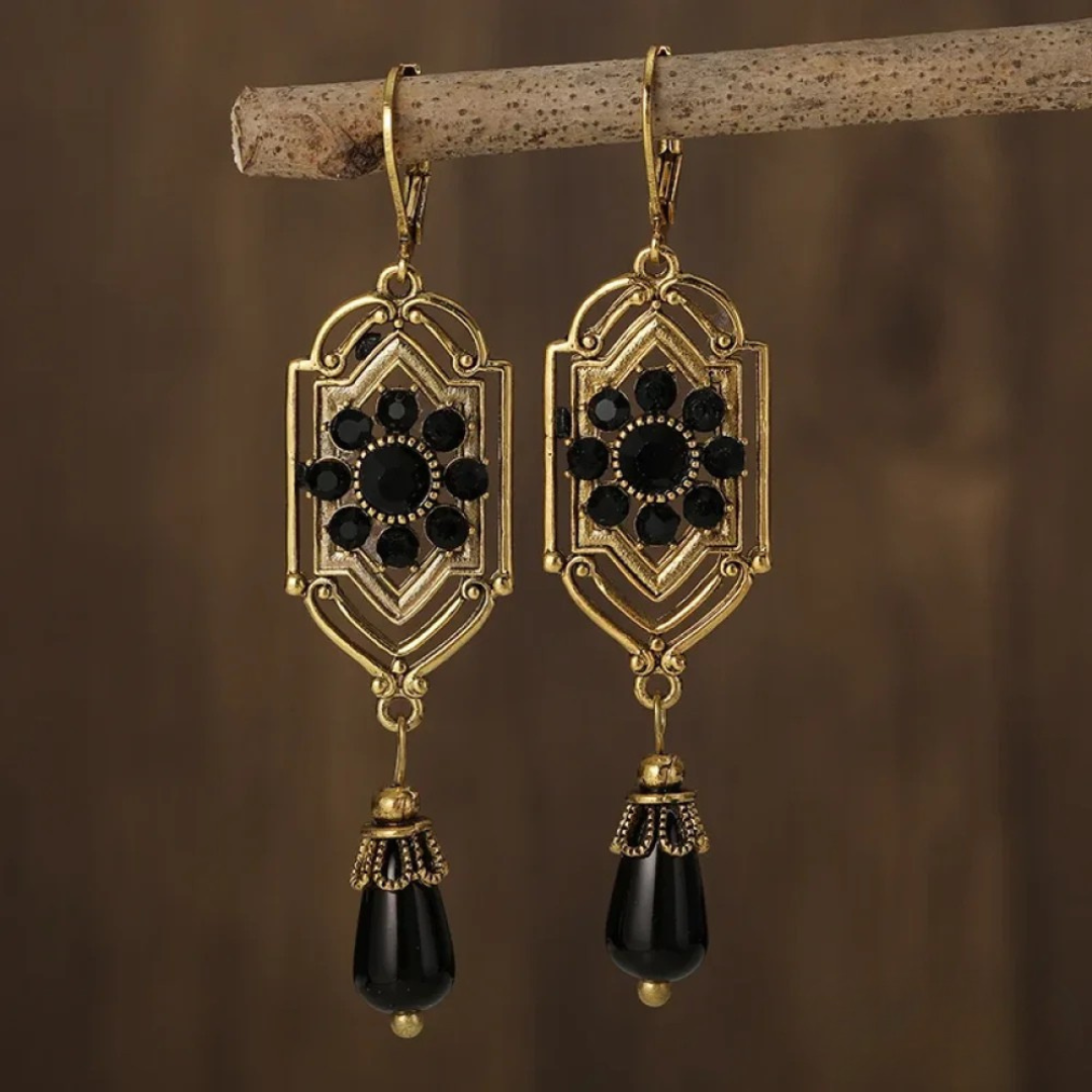 Black Gemstone Dangle Earrings - Nocini