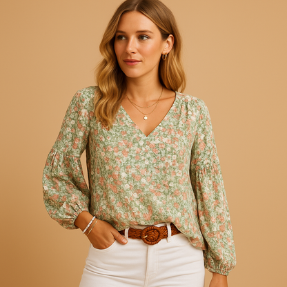 Floral summer blouse for women with lightweight fabric and long sleeves, perfect for work, leisure, and warm weather days.