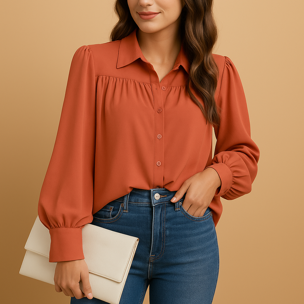 Women’s elegant lantern sleeve blouse in solid colors with shirt collar and gathered details — perfect for work, daily wear, and casual elegance.