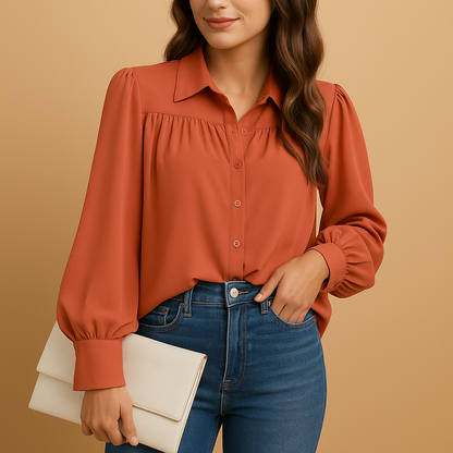 Women’s elegant lantern sleeve blouse in solid colors with shirt collar and gathered details — perfect for work, daily wear, and casual elegance.