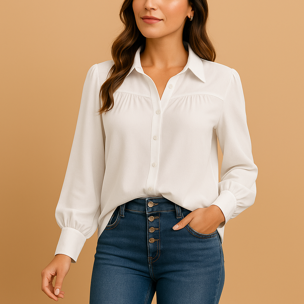 Women’s elegant lantern sleeve blouse in solid colors with shirt collar and gathered details — perfect for work, daily wear, and casual elegance.