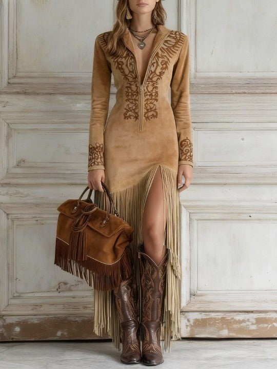 Boho Chic Long Sleeve Maxi Dress with Embroidery