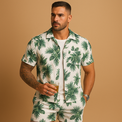 Men’s tropical summer set with palm and feather print, perfect for vacations, beach days, or relaxed summer outings.