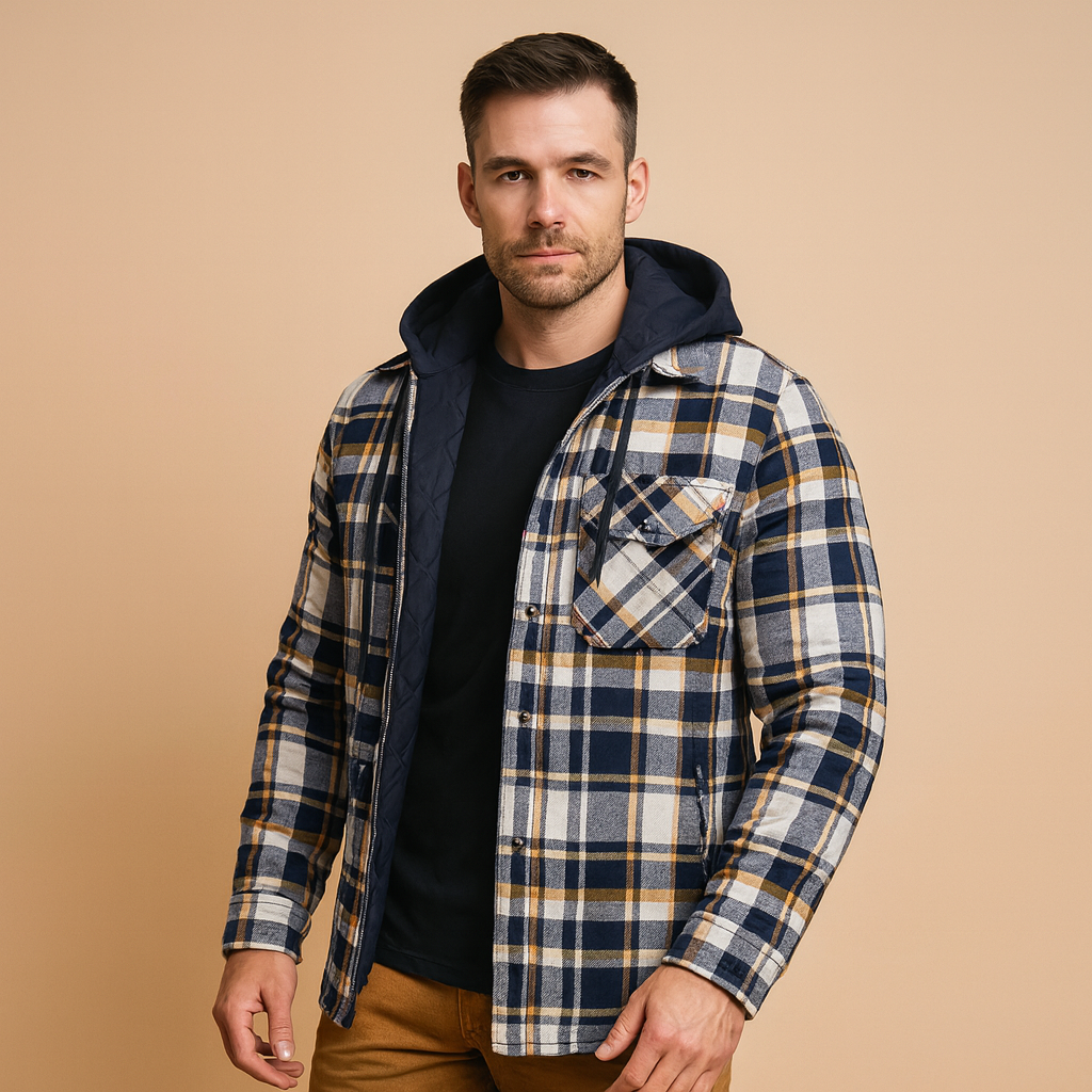 Men’s bomber jacket with hood featuring a warm lining and wind-resistant design, suitable for everyday wear and winter outings.