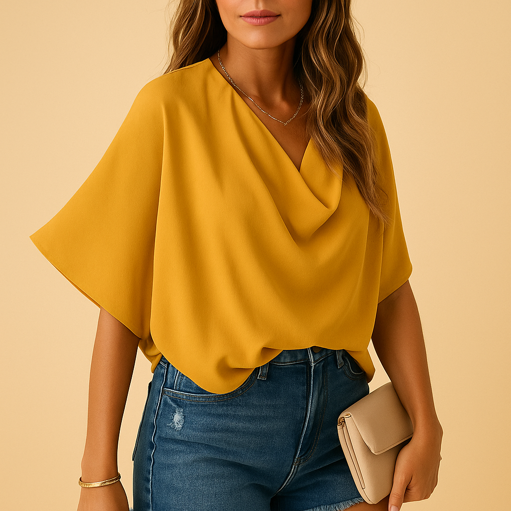 Women’s airy chiffon blouse with batwing sleeves and V-neck, ideal for everyday wear, office outfits, or elegant casual looks.