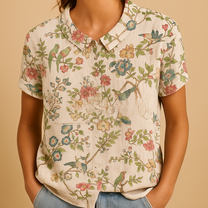 Airy floral print blouse for women with a loose comfortable fit, suitable for warm days, casual outfits, and everyday wear.