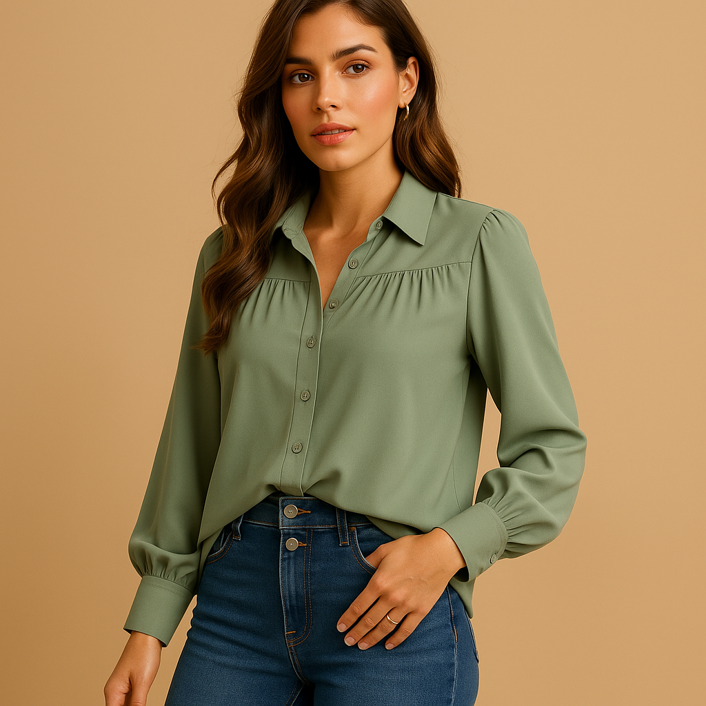 Women’s elegant lantern sleeve blouse with shirt collar and pleated details, perfect for office wear, casual outings, and year-round elegance.