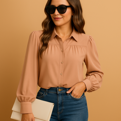 Women’s elegant lantern sleeve blouse with shirt collar and pleated details, perfect for office wear, casual outings, and year-round elegance.