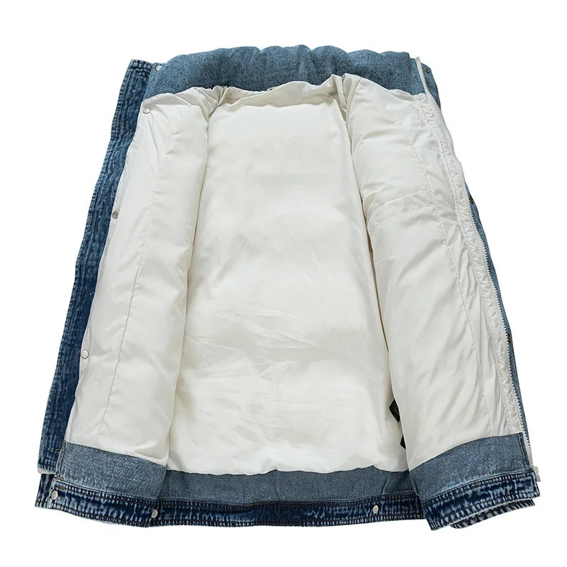 Big Quilted Puffer Coat with Denim Details