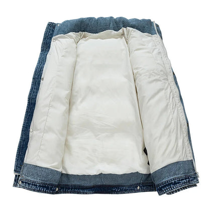 Big Quilted Puffer Coat with Denim Details