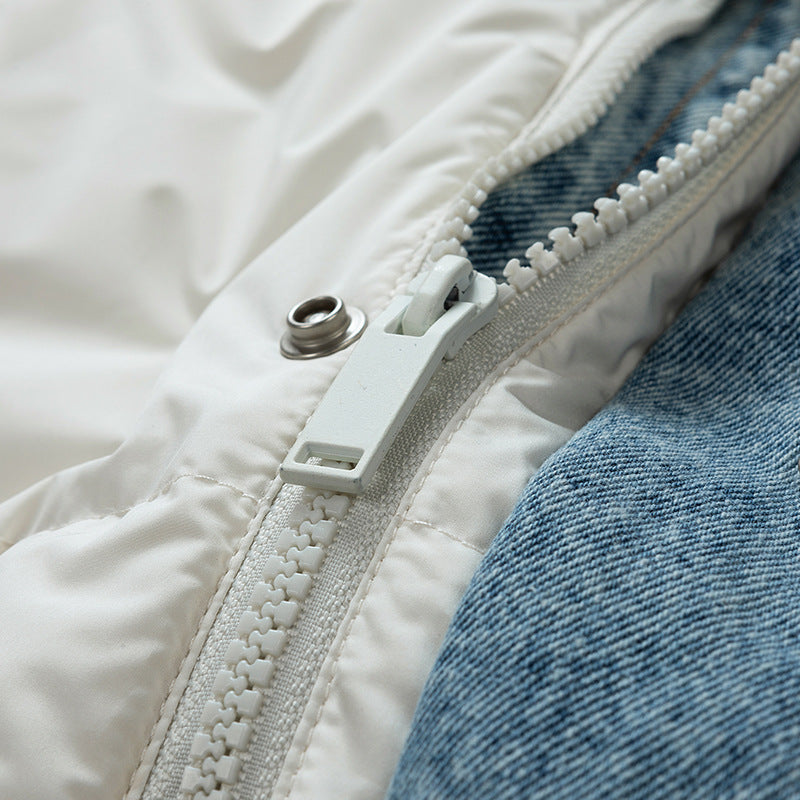 Big Quilted Puffer Coat with Denim Details