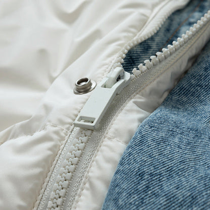 Big Quilted Puffer Coat with Denim Details