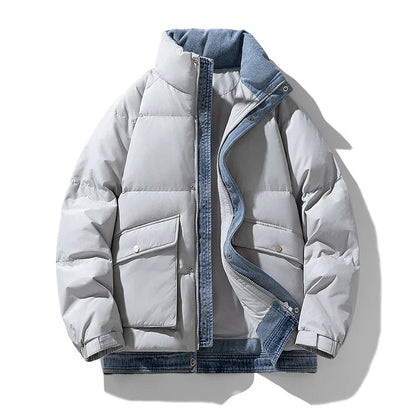Big Quilted Puffer Coat with Denim Details