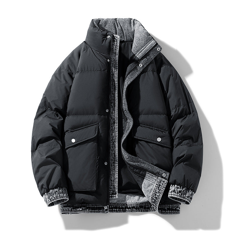 Big Quilted Puffer Coat with Denim Details
