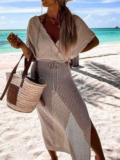 Crochet Beach Dress with Waist Ribbon – Yara-Beige-S-State of Style
