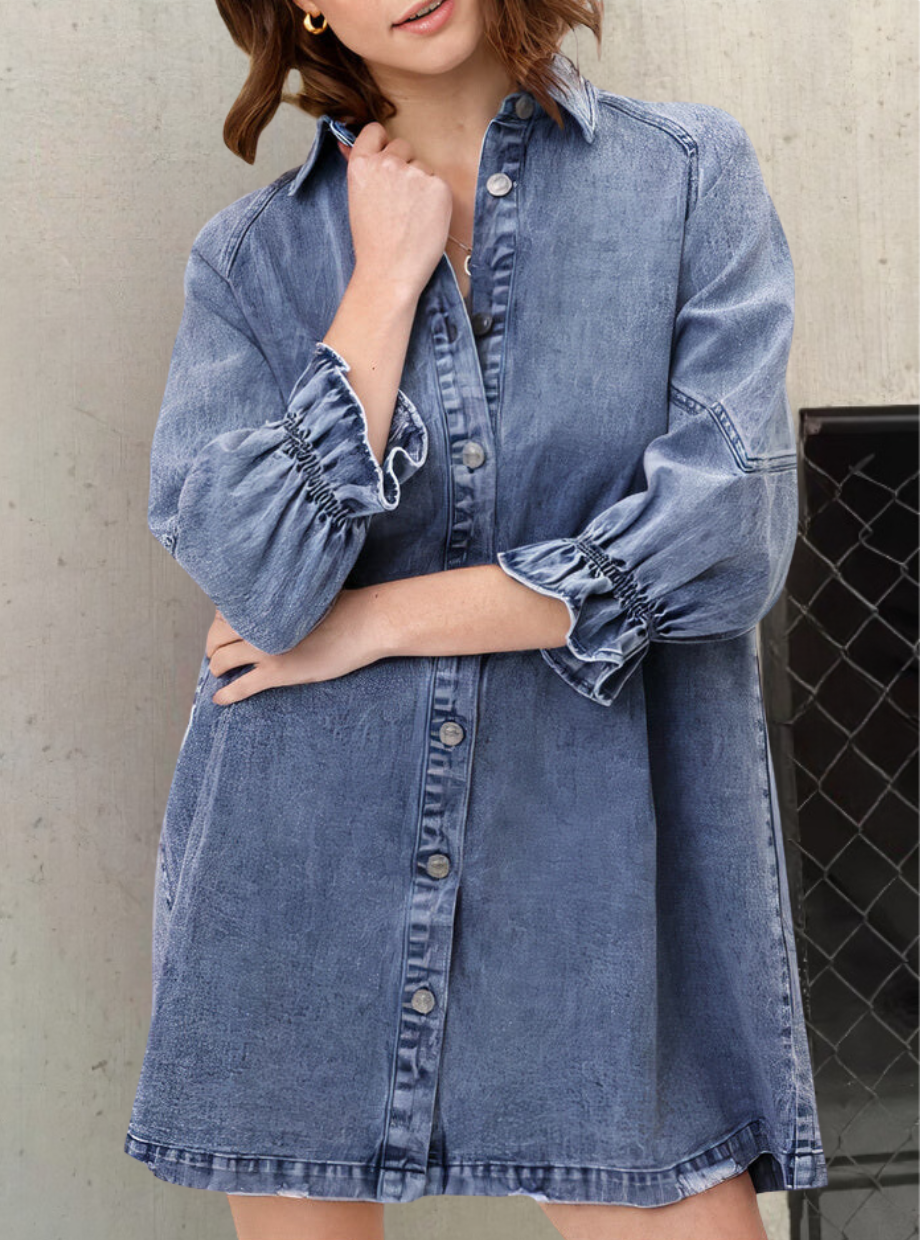 Denim Dress with Long Sleeves – Noor-Blue-S-State of Style