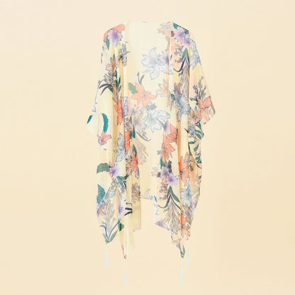 Kimono Cover-up with Floral Print and Tassels – Liora-Yellow Pink-State of Style