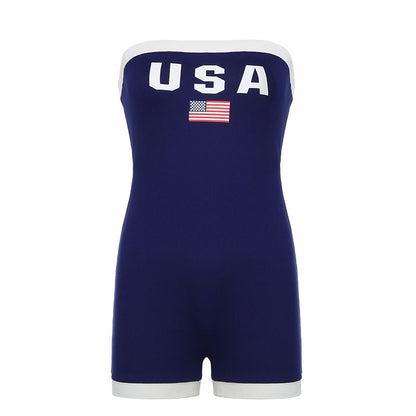 Trendy bandeau swimsuit with USA motif and contrast details – Lexie-S-Nora Luxe