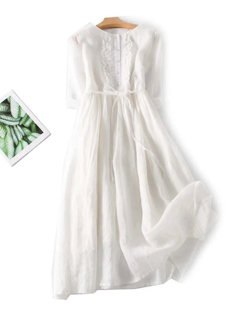 Light Linen Dress with Pleat Detail - Sofia-White-M-The Livary