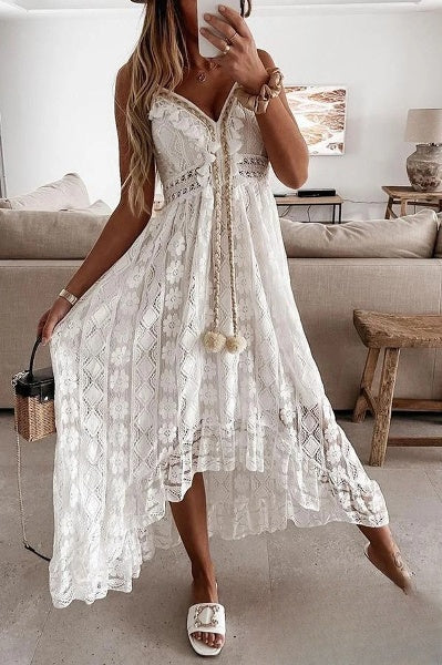 Bohemian Lace Trimmed Summer Dress - Pexav