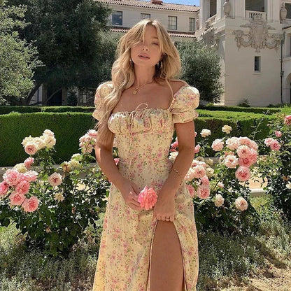 Beautiful Floral Sundress with Puffy Sleeves - Pexav