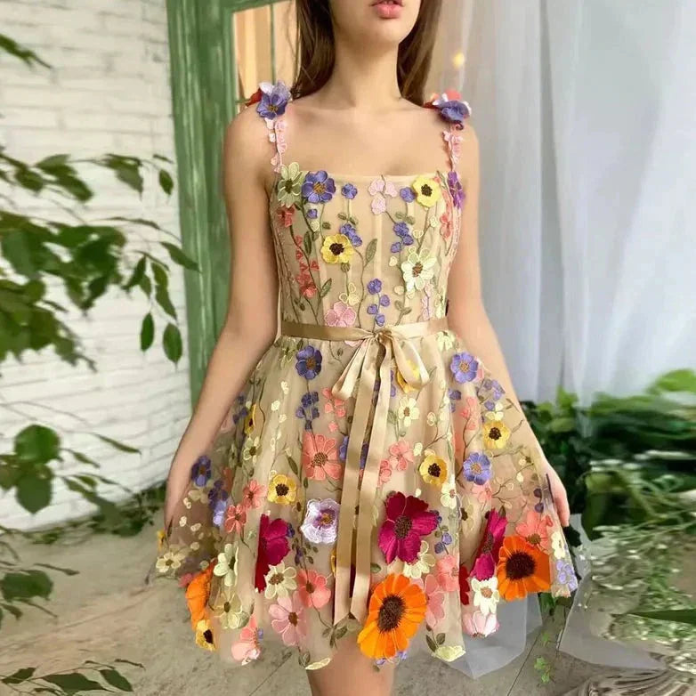 Lovely Dress with Floral Embroidery and Straps - Lilac-Apricot-XS-Nora Luxe