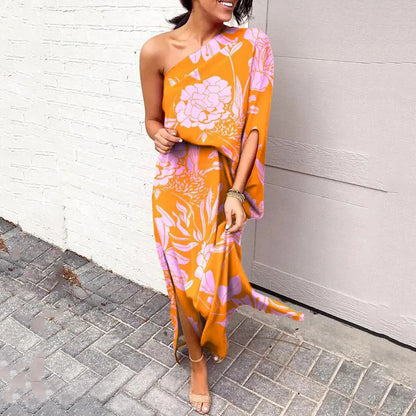 Dress with Diagonal Shoulder Line - Mila-Orange-Pink-S-Nora Luxe